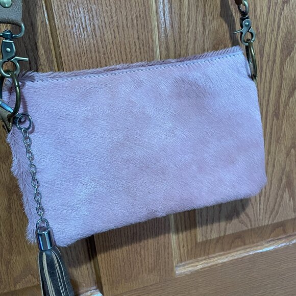 Keep It Gypsy Leather Pink Fur Brown Crossbody Bag Purse Country Fringe NWOT NEW - Picture 3 of 8
